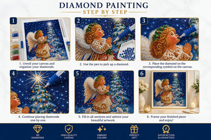 Step by step guide showing how to complete the praying angel child diamond painting