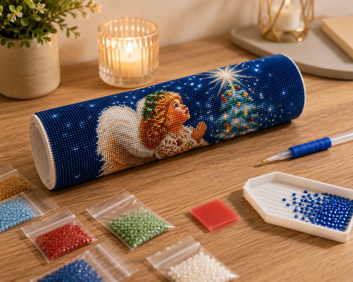 Rolled canvas and full supplies for the praying angel child kit, including drill trays, applicator pen, and tweezers