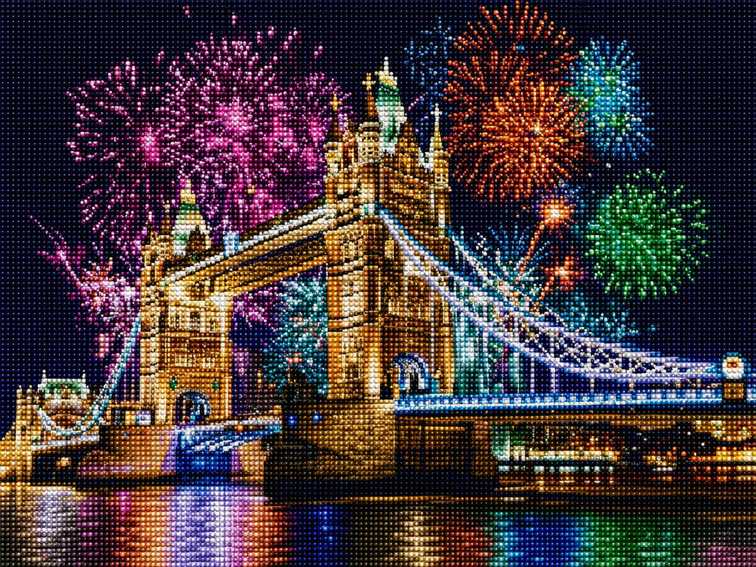 Close up of the finished Tower Bridge diamond painting with fireworks lighting up the London sky | Azurra Shop