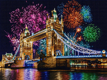 Close up of the finished Tower Bridge diamond painting with fireworks lighting up the London sky | Azurra Shop