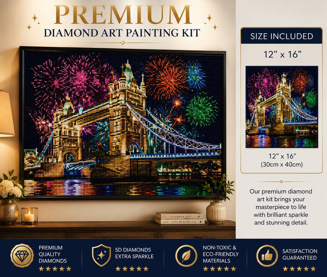 Framed Tower Bridge fireworks diamond painting displayed above a console table | Azurra Shop