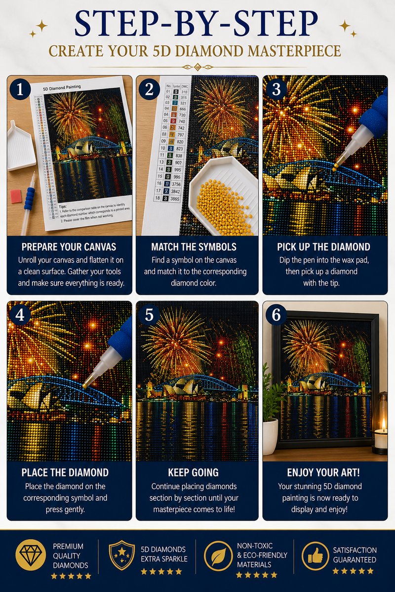 Six step guide showing how to complete the Tower Bridge fireworks diamond painting | Azurra Shop