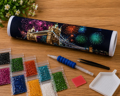 Rolled canvas and full supplies for the Tower Bridge fireworks kit, including diamond packets, applicator pen, tray, and tweezers | Azurra Shop