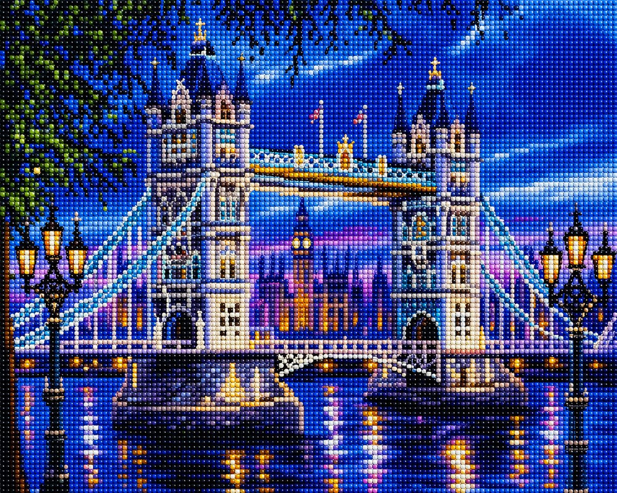 Finished London Tower Bridge diamond painting kit artwork with the bridge lit up at dusk and reflections on the Thames | Azurra Shop