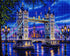 Finished London Tower Bridge diamond painting kit artwork with the bridge lit up at dusk and reflections on the Thames | Azurra Shop