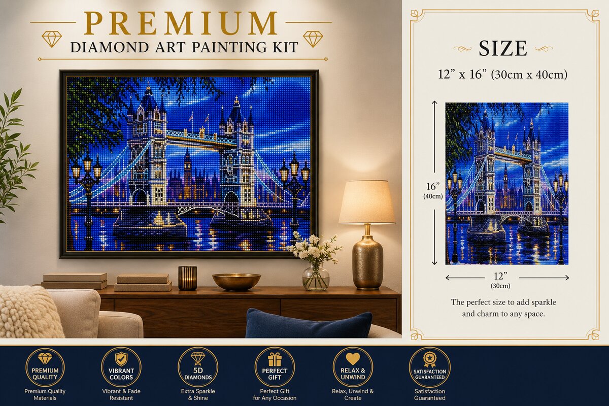 London Tower Bridge diamond painting kit framed artwork displayed on a wall | Azurra Shop