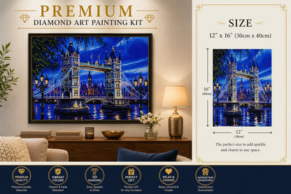 London Tower Bridge diamond painting kit framed artwork displayed on a wall | Azurra Shop