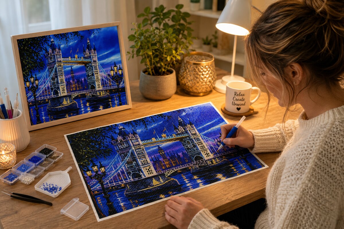 Working on the London Tower Bridge diamond painting kit at a cozy desk | Azurra Shop