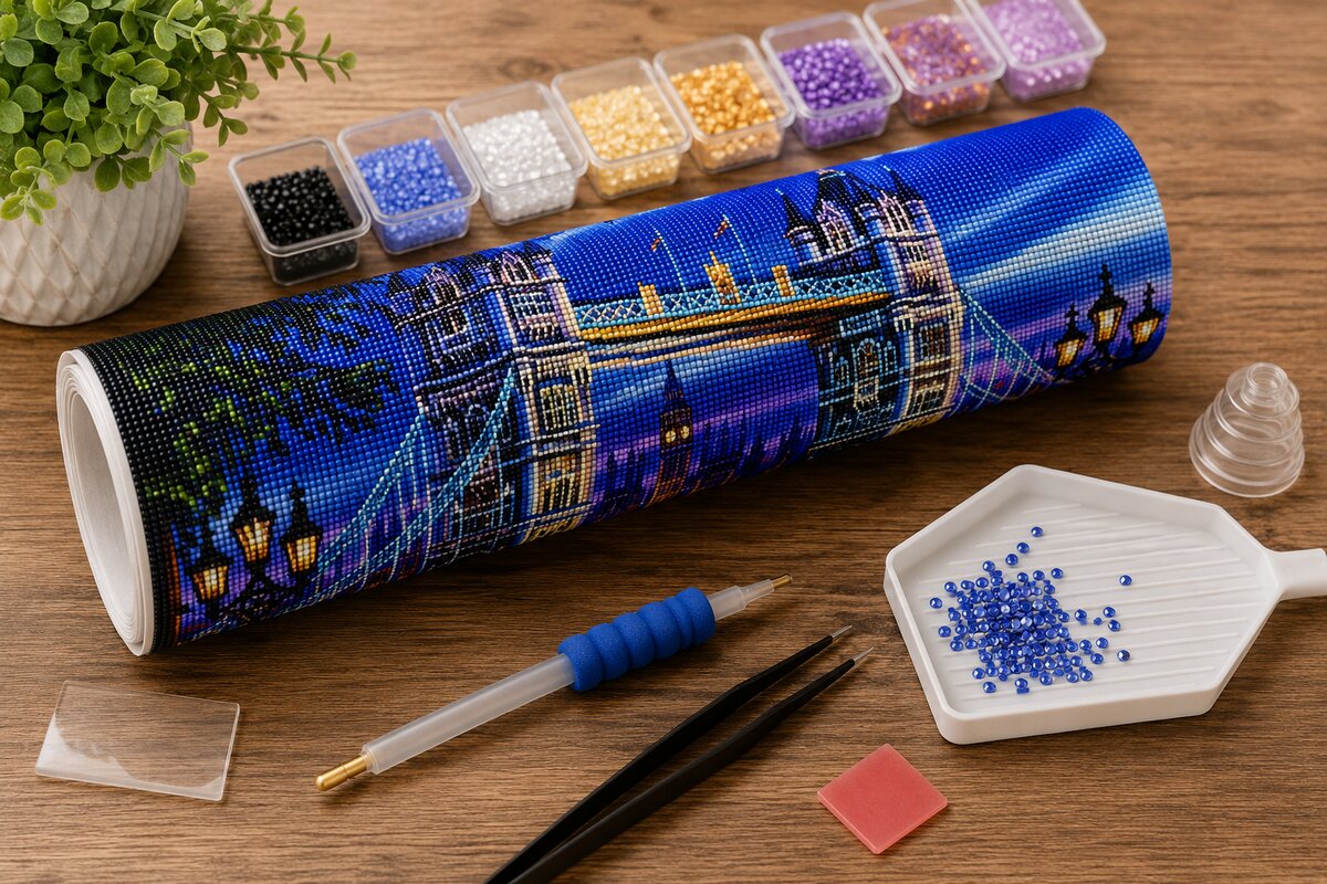 Rolled canvas and full supplies for the London Tower Bridge kit, including diamond packets and applicator pen | Azurra Shop
