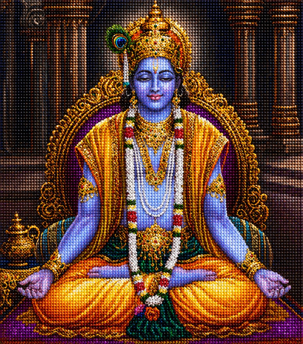 Close up of the finished Lord Krishna diamond painting, seated in meditation on a golden throne with a peacock feather crown
