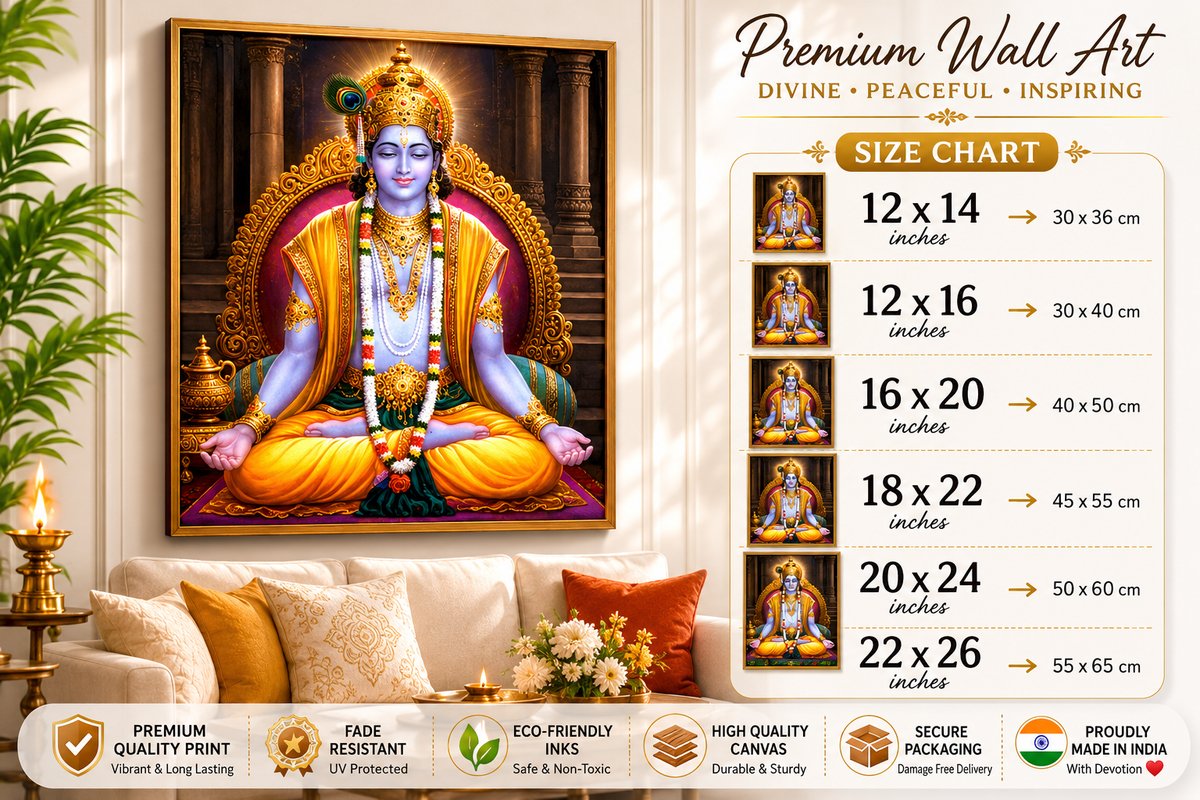 Lord Krishna diamond painting framed on a wall, shown with the size chart