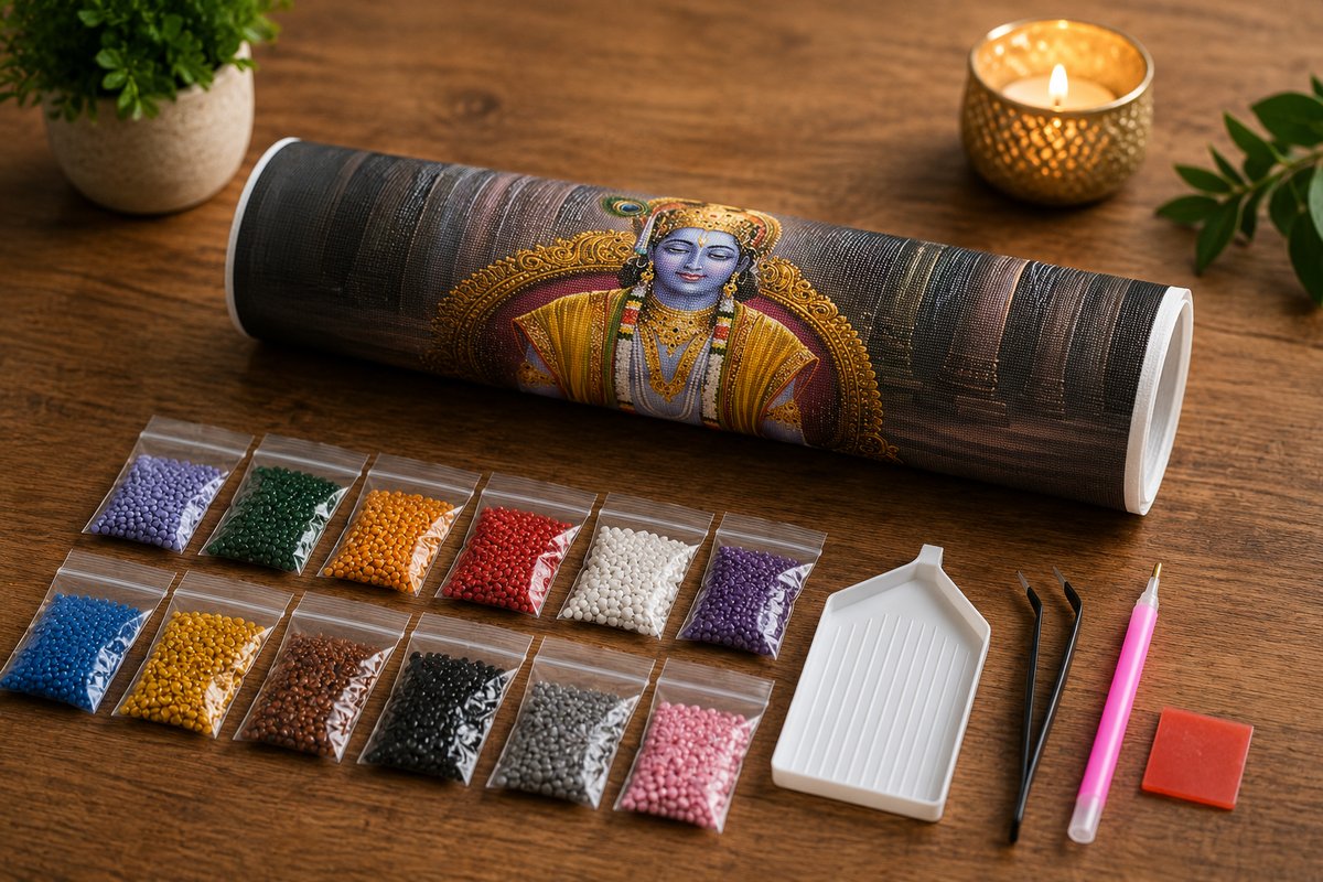 Rolled canvas and full supplies for the Lord Krishna kit, including drill packets, sorting tray, applicator pen, and tweezers