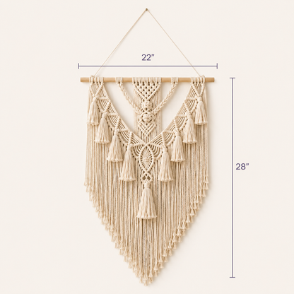 Handwoven macrame wall hanging dimensions — 22" wide x 28" long natural cotton boho tapestry — Azurra Shop