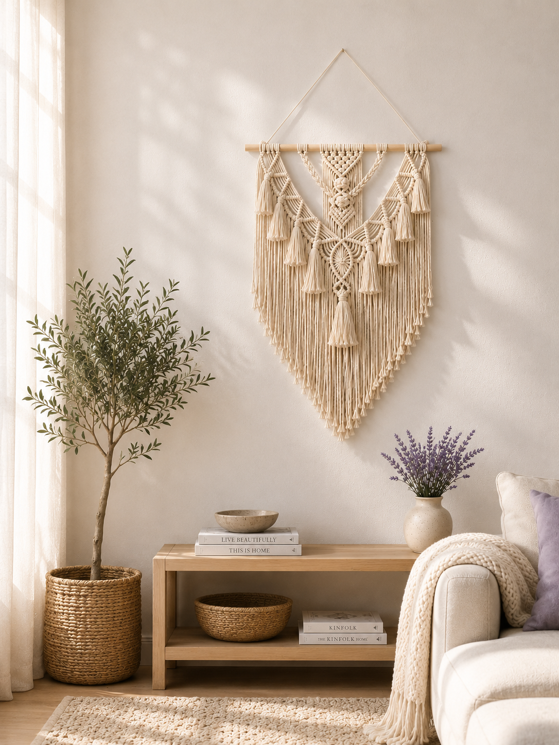 Handwoven macrame wall hanging in boho living room — natural cotton tapestry above console table with olive tree — Azurra Shop