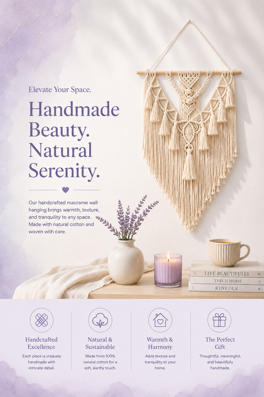 Handwoven macrame wall hanging styled on lavender boho wall with candle and lavender — natural cotton tapestry decor — Azurra Shop