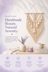 Handwoven macrame wall hanging styled on lavender boho wall with candle and lavender — natural cotton tapestry decor — Azurra Shop