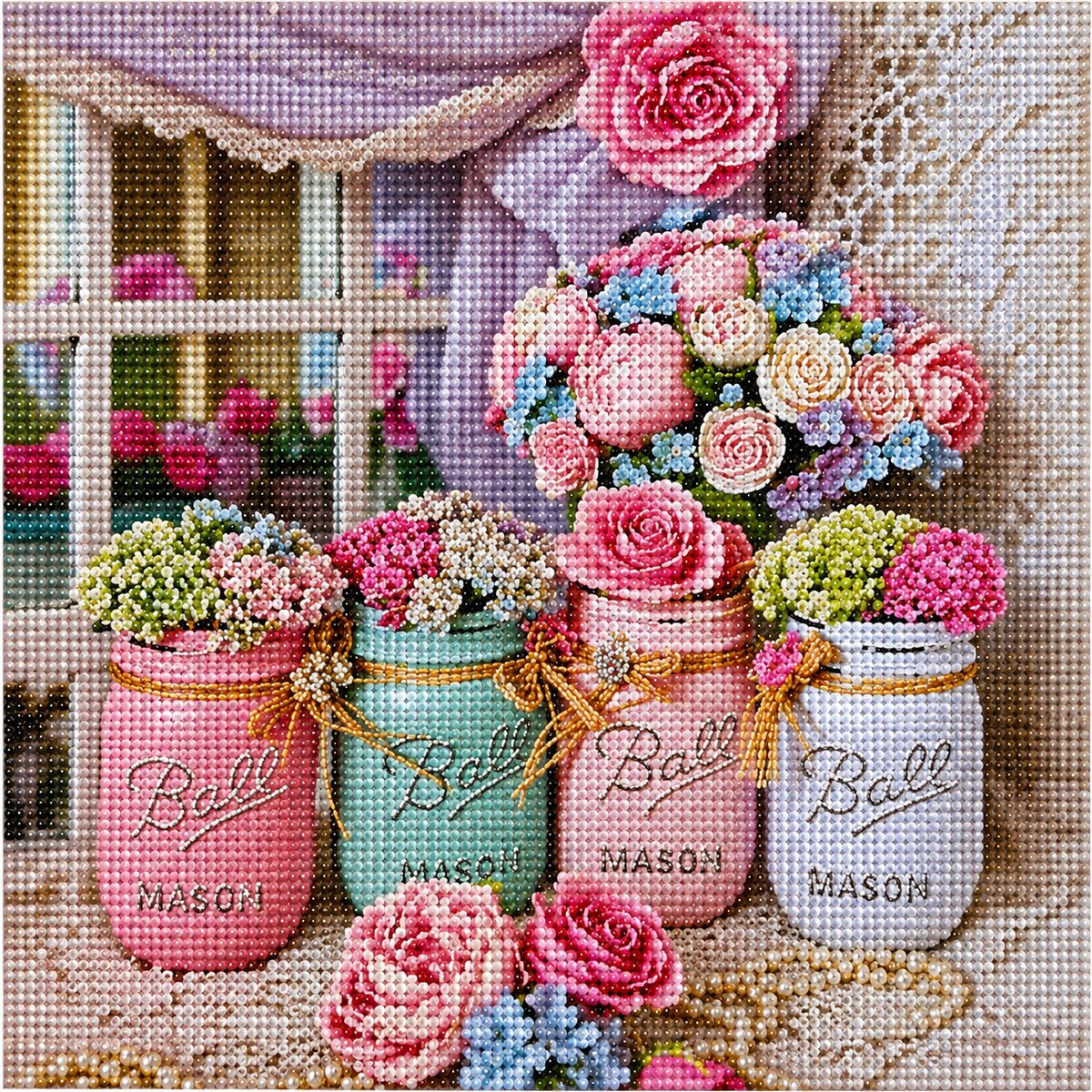 Finished mason jar floral bouquet diamond painting with pink teal and white mason jars filled with roses and pastel flowers | Azurra Shop