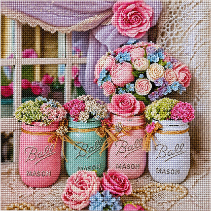 Finished mason jar floral bouquet diamond painting with pink teal and white mason jars filled with roses and pastel flowers | Azurra Shop