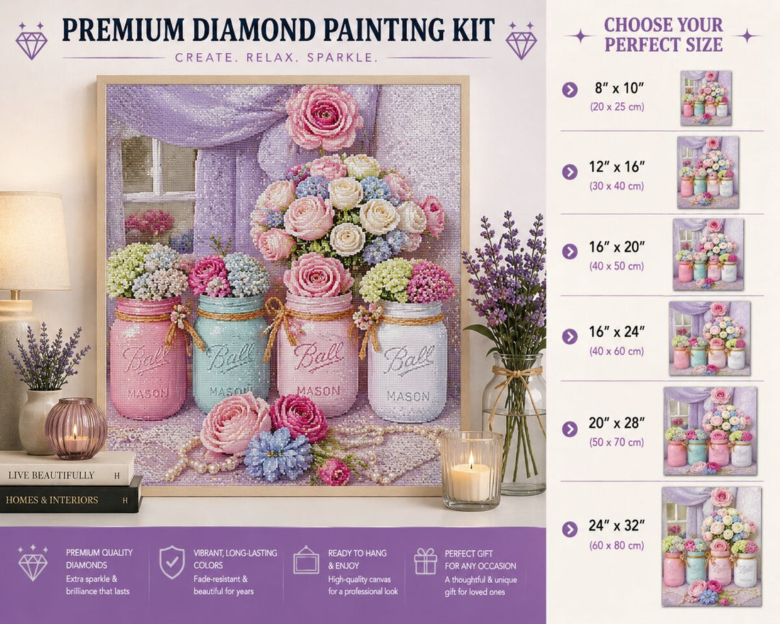 Mason jar floral bouquet diamond painting framed on a display wall with size options from 8 by 10 to 24 by 32 inches | Azurra Shop