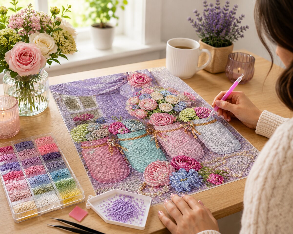 Woman placing diamonds on the mason jar floral bouquet canvas at a desk with coffee and lavender | Azurra Shop