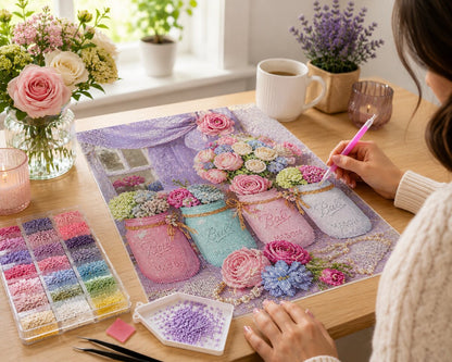 Woman placing diamonds on the mason jar floral bouquet canvas at a desk with coffee and lavender | Azurra Shop