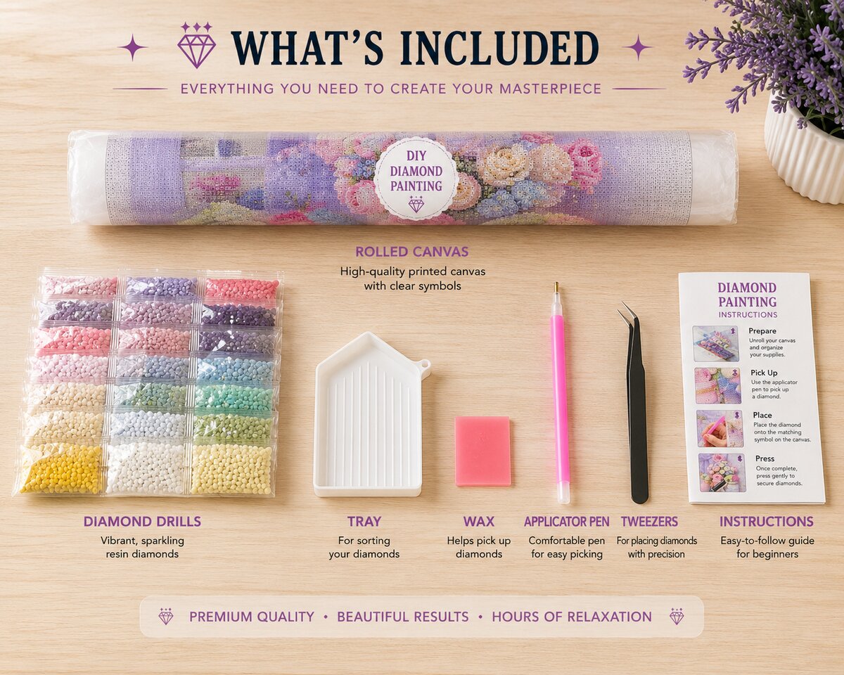 Diamond painting kit supplies including rolled canvas, numbered diamond bags, tray, pen, tweezers, and instructions | Azurra Shop