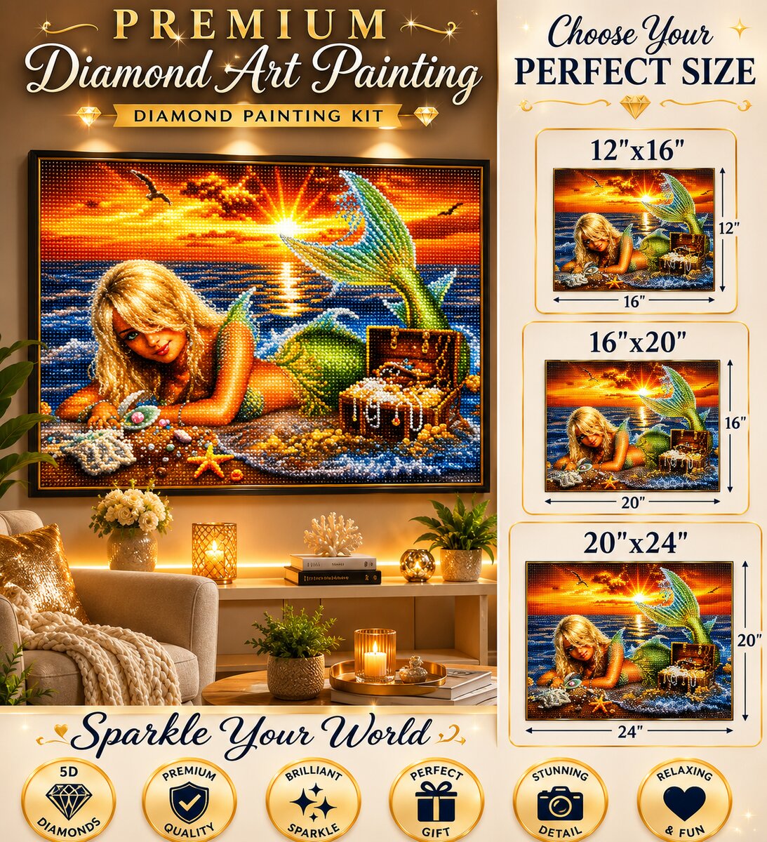Mermaid and treasure chest diamond painting framed on a wall, available in 12 by 16, 16 by 20, and 20 by 24 inch sizes | Azurra Shop