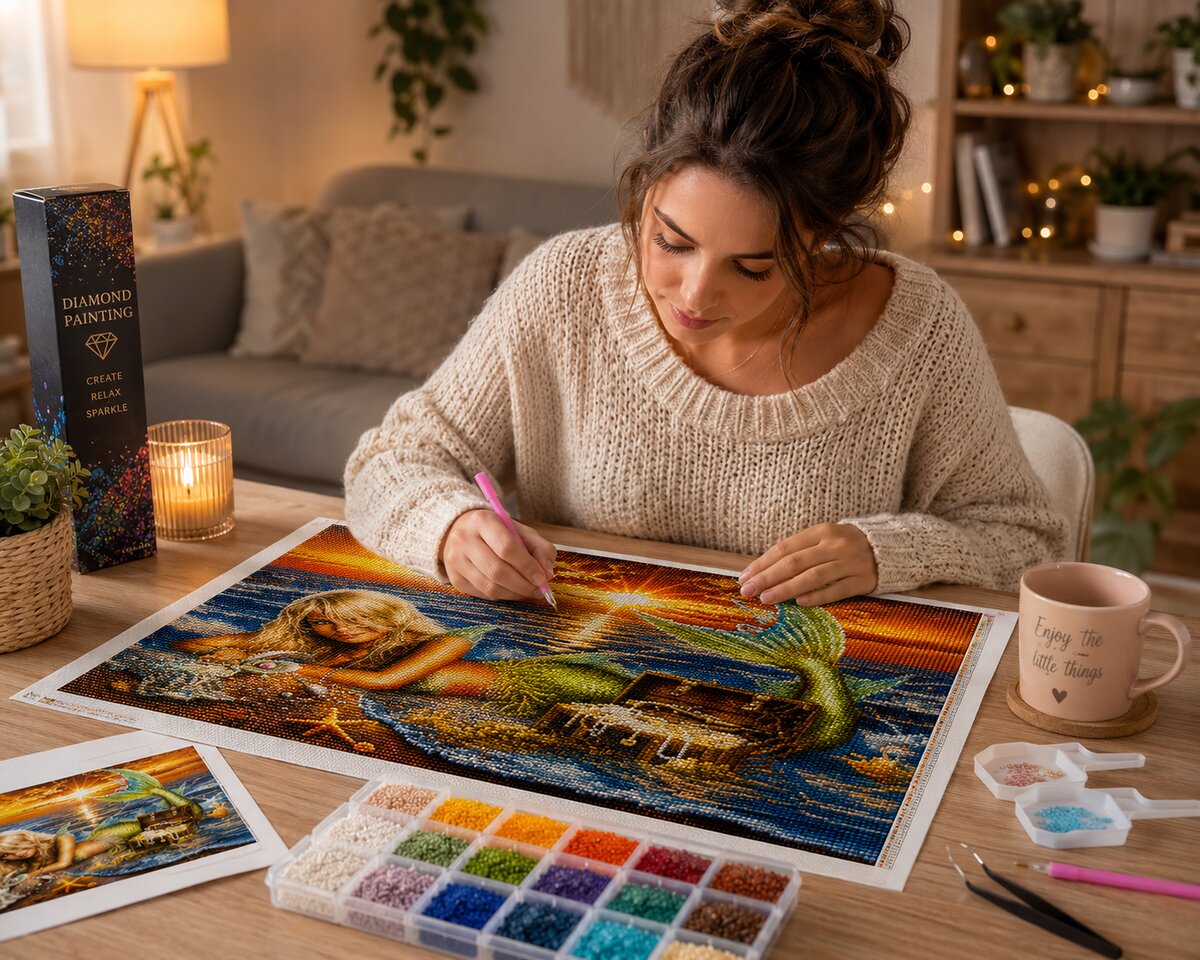 Woman placing diamonds on the mermaid and treasure chest canvas at a table with coffee and a candle | Azurra Shop