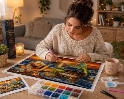 Woman placing diamonds on the mermaid and treasure chest canvas at a table with coffee and a candle | Azurra Shop