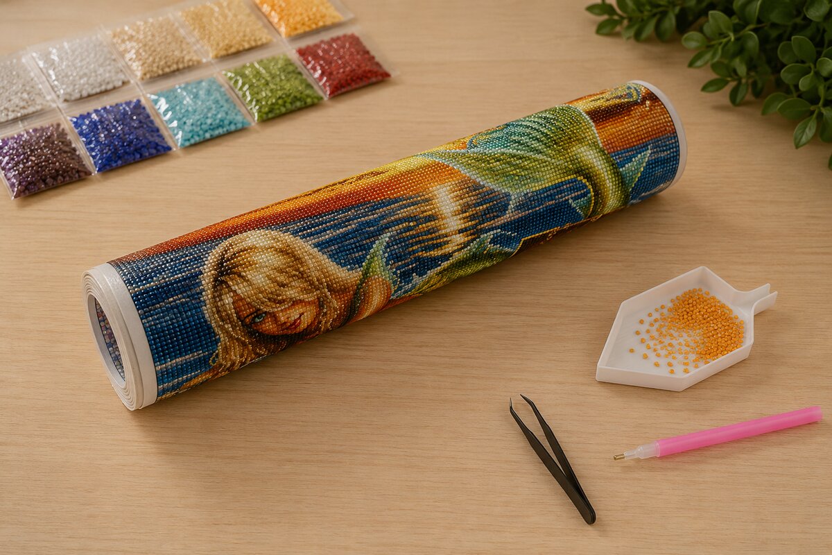 Diamond painting kit supplies including rolled canvas, sorted diamond bags, applicator pen, and tweezers | Azurra Shop