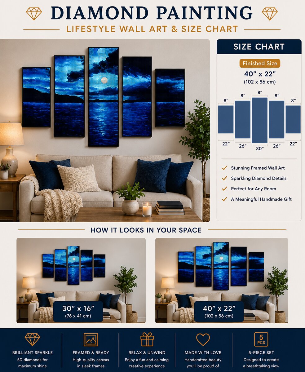 Midnight moonrise 5 panel diamond painting framed on a living room wall, available in 30 by 16 and 40 by 22 inch total sizes | Azurra Shop