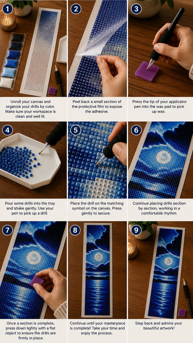 Nine step instructions for completing a diamond painting kit from canvas setup to finished artwork | Azurra Shop