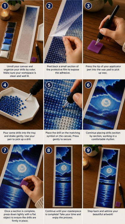 Nine step instructions for completing a diamond painting kit from canvas setup to finished artwork | Azurra Shop