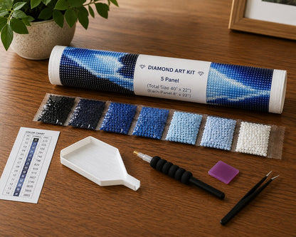 Diamond painting kit supplies including 5 panel rolled canvas, numbered diamond bags, tray, and applicator pen | Azurra Shop
