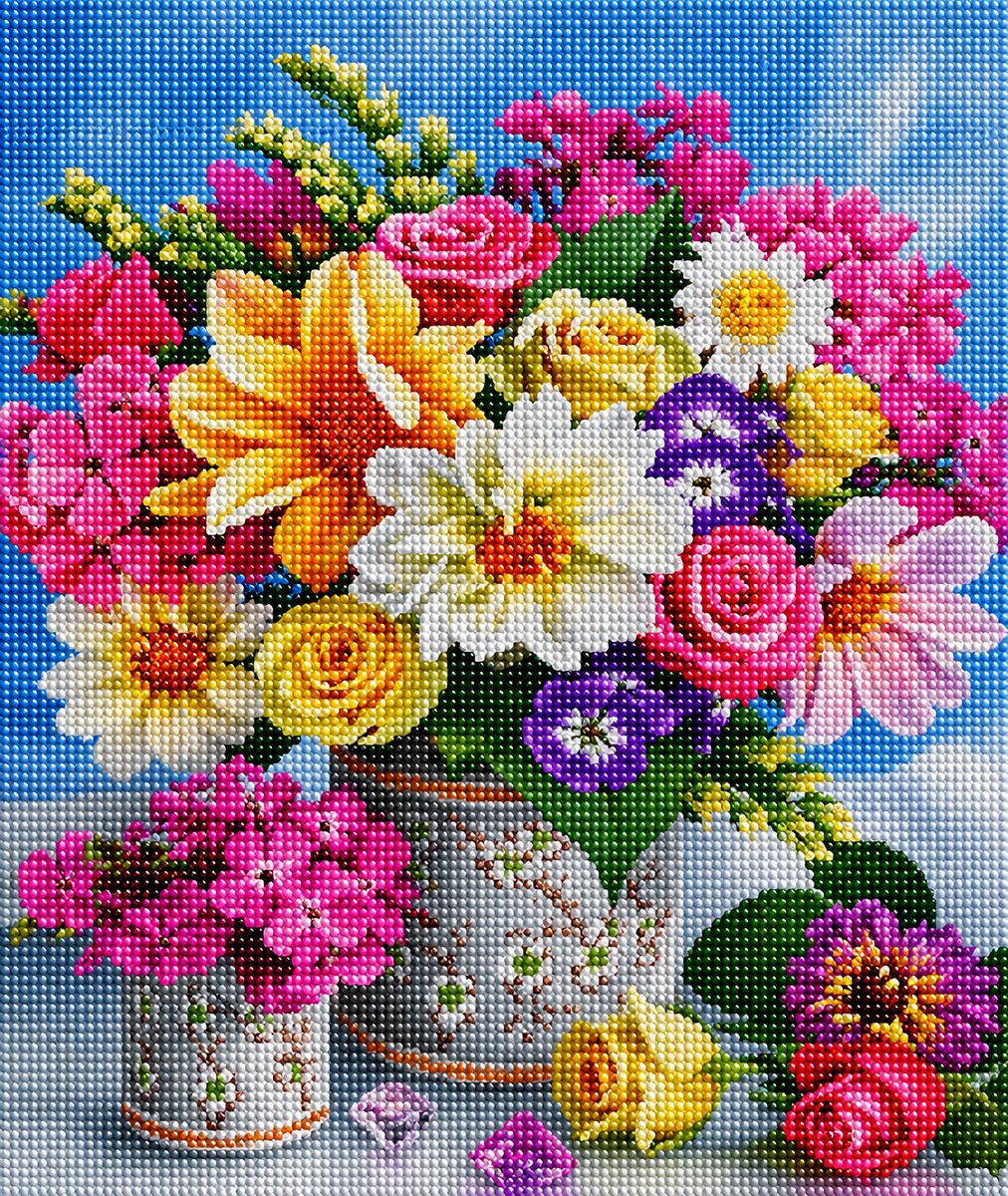 Close up of the finished mixed floral bouquet diamond painting with roses, daisies, and lilies in patterned vases against a blue sky | Azurra Shop