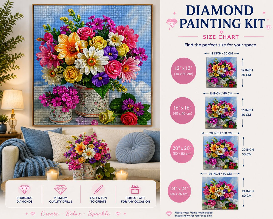Framed mixed floral bouquet diamond painting displayed on a living room wall above a sofa with blue pillows | Azurra Shop