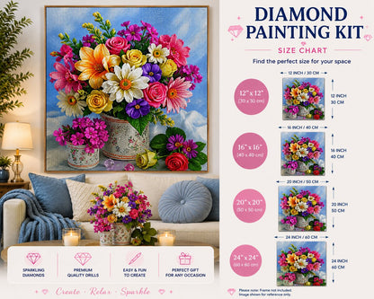 Framed mixed floral bouquet diamond painting displayed on a living room wall above a sofa with blue pillows | Azurra Shop