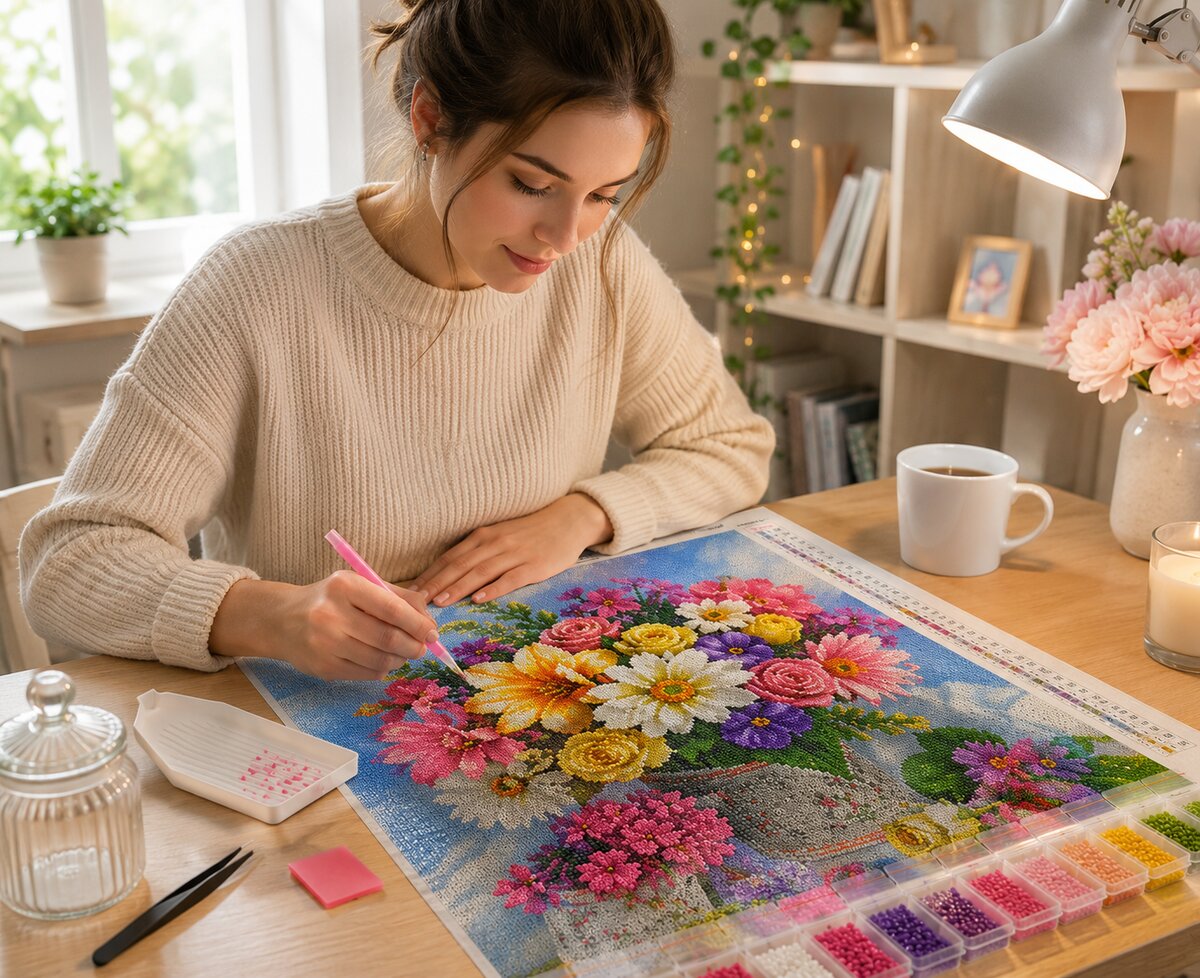 Working on the mixed floral bouquet kit at a desk with a lamp, coffee, and fresh peonies nearby | Azurra Shop