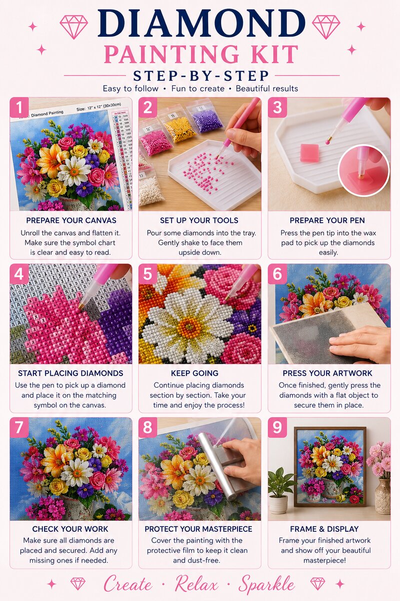 Nine step guide showing how to complete the mixed floral bouquet diamond painting | Azurra Shop