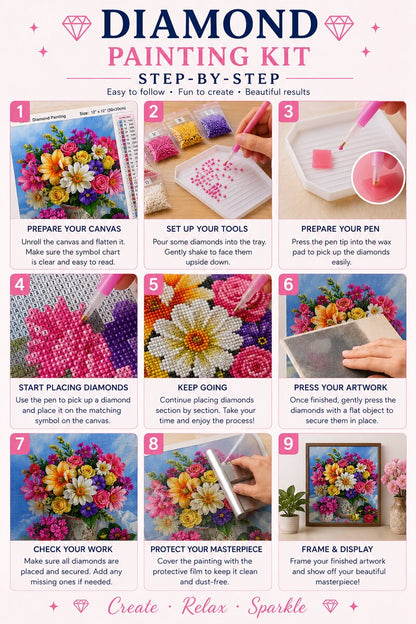 Nine step guide showing how to complete the mixed floral bouquet diamond painting | Azurra Shop