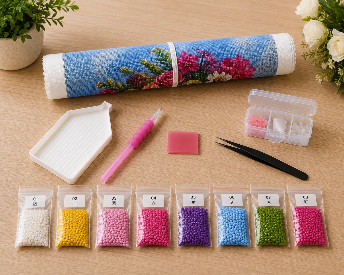 Rolled canvas and full supplies for the mixed floral bouquet kit, including numbered diamond bags, tray, and tweezers | Azurra Shop