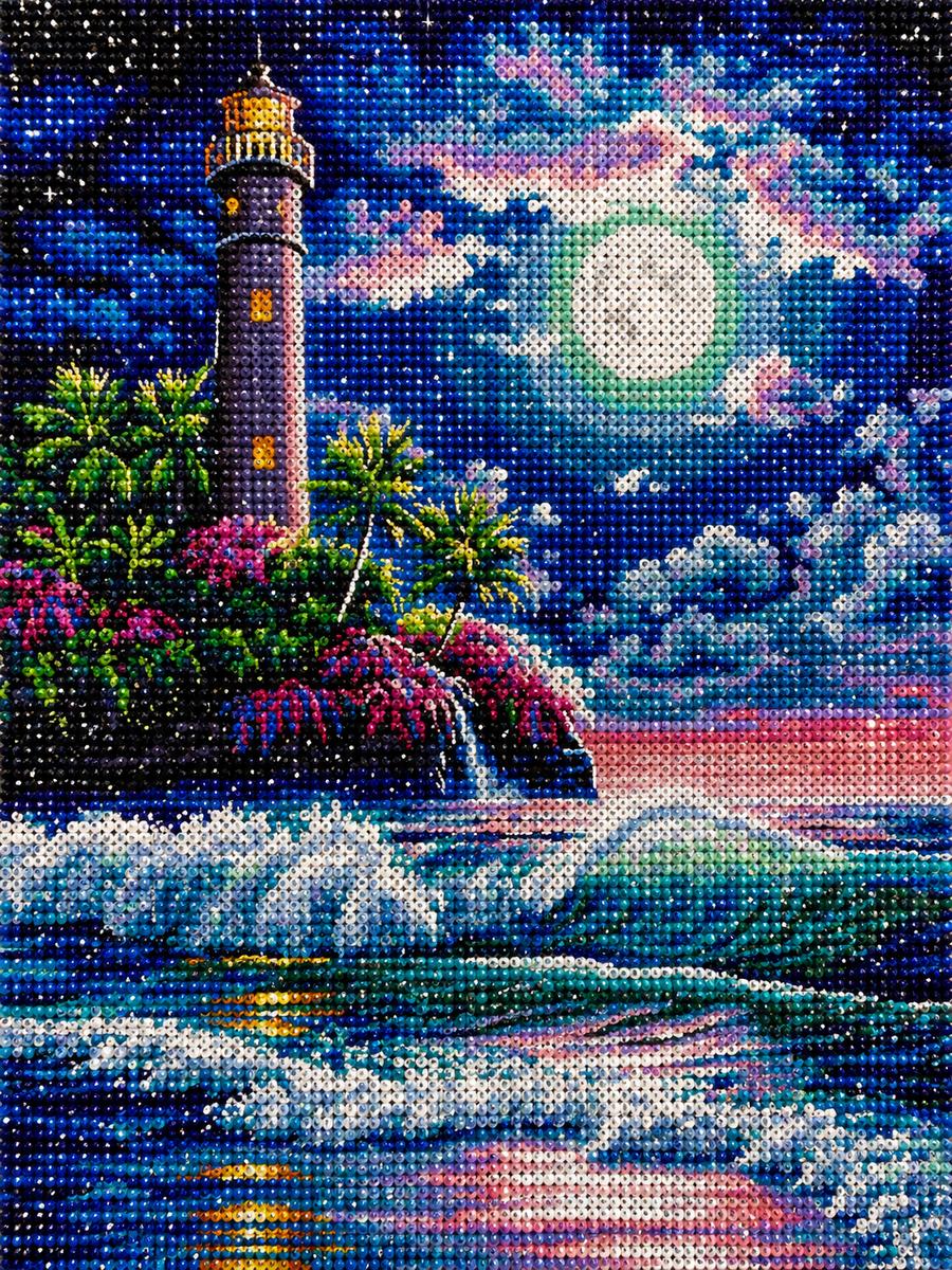 Close up of the finished moonlit lighthouse and tropical shore diamond painting with sparkling drills | Azurra Shop