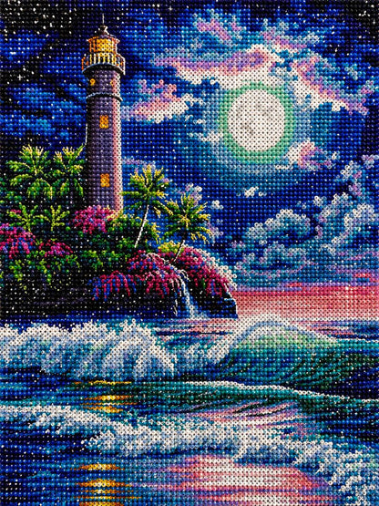 Close up of the finished moonlit lighthouse and tropical shore diamond painting with sparkling drills | Azurra Shop