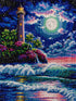 Close up of the finished moonlit lighthouse and tropical shore diamond painting with sparkling drills | Azurra Shop