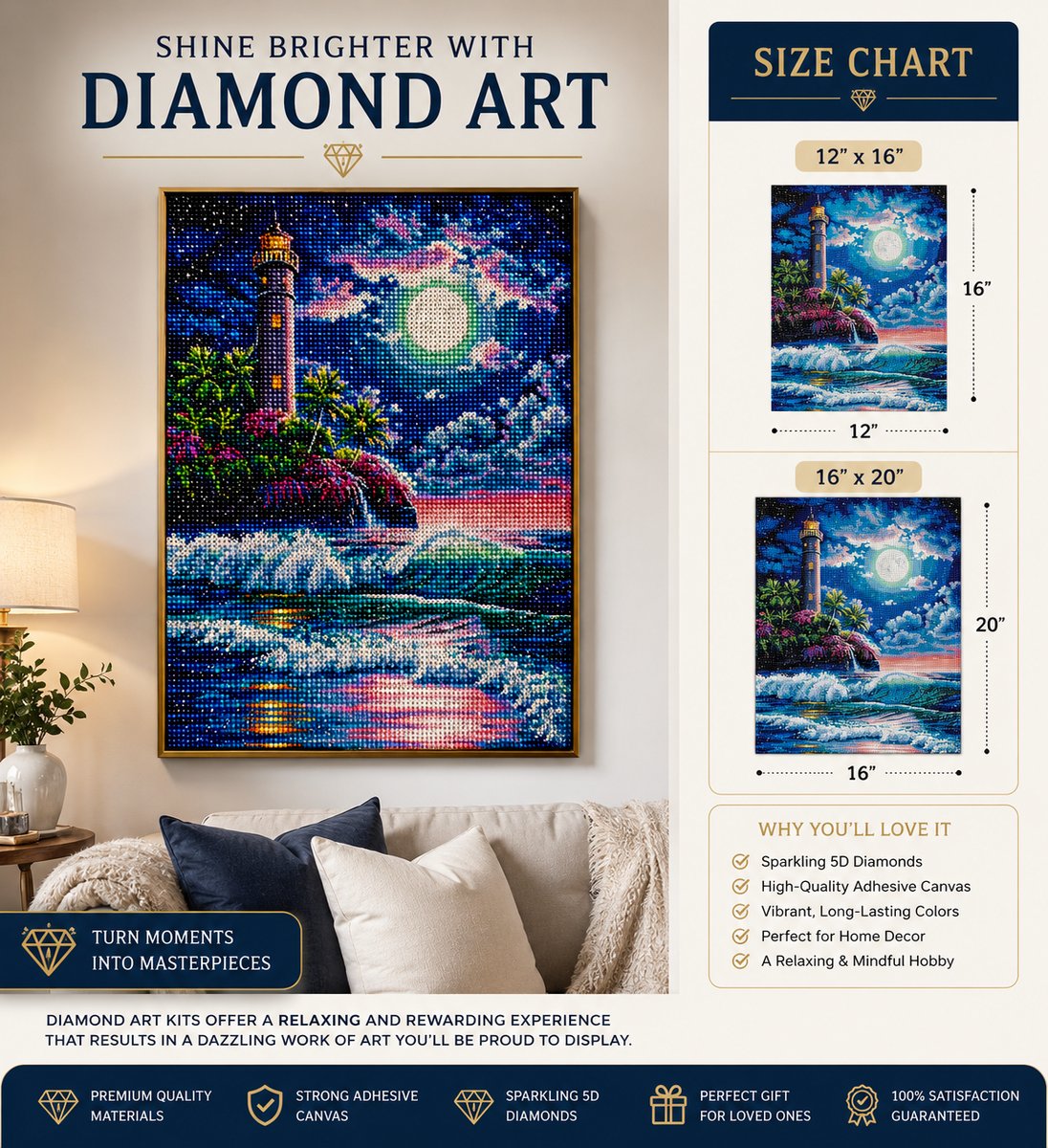 Framed moonlit lighthouse and tropical shore diamond painting displayed above a cream sofa with size chart | Azurra Shop