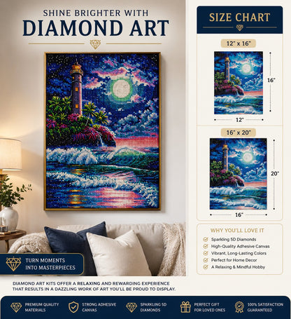 Framed moonlit lighthouse and tropical shore diamond painting displayed above a cream sofa with size chart | Azurra Shop