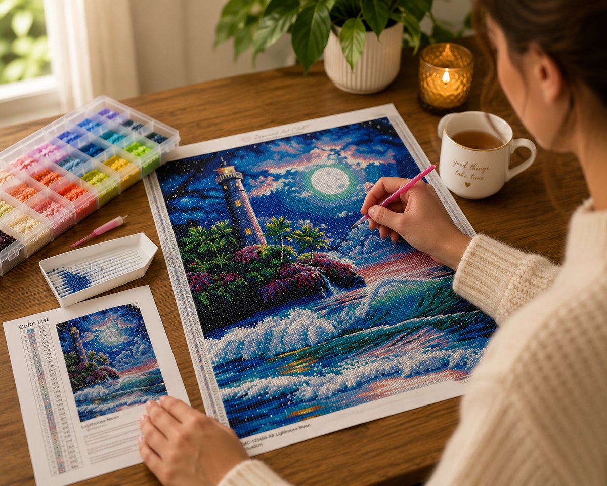 Woman working on the moonlit lighthouse and tropical shore diamond painting kit at a warm wooden desk with a drill organizer, candle, and mug | Azurra Shop