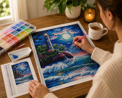 Woman working on the moonlit lighthouse and tropical shore diamond painting kit at a warm wooden desk with a drill organizer, candle, and mug | Azurra Shop