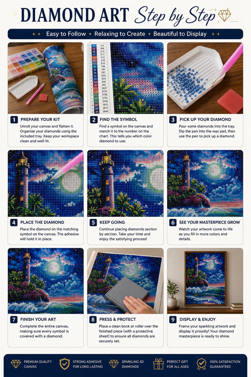 Six step guide showing how to complete the moonlit lighthouse and tropical shore diamond painting | Azurra Shop