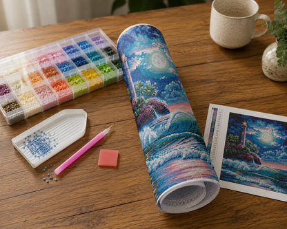 Rolled canvas and supplies for the moonlit lighthouse and tropical shore kit, including drill organizer, applicator pen, sorting tray, and wax pad | Azurra Shop